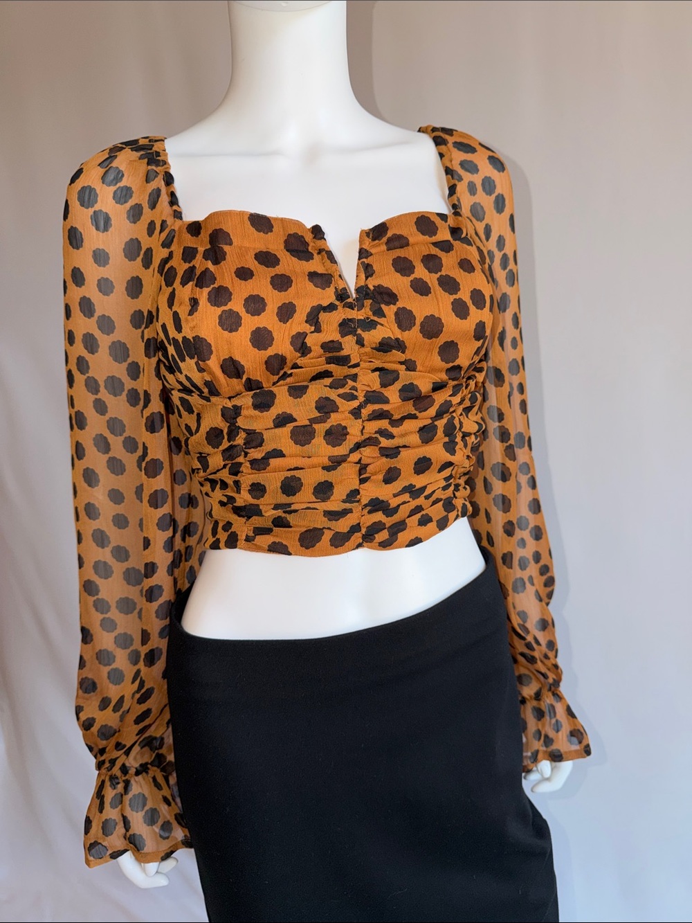 Free People Amber and Black Polka Dot Ruched Long-Sleeve Crop Top